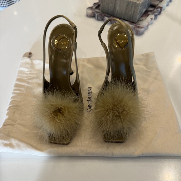 Saint Laurent Shoes - Saint Laurent Tan Heels with Fur Pom